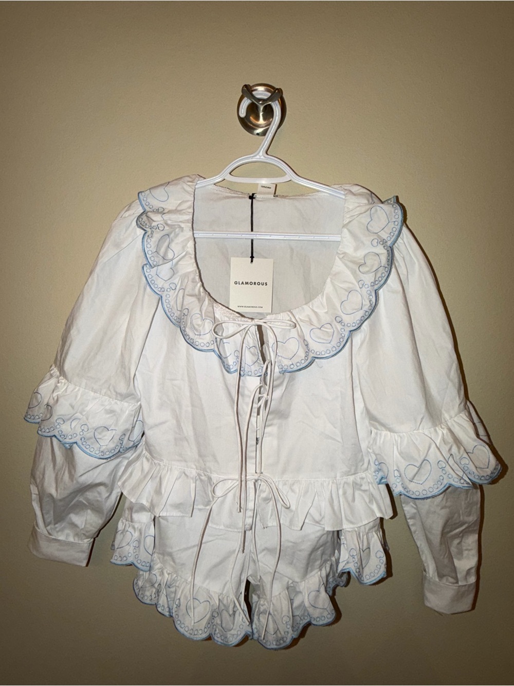 Urban Outfitters White Ruffle Heart-Trim Pajama Set with Light Blue Trim